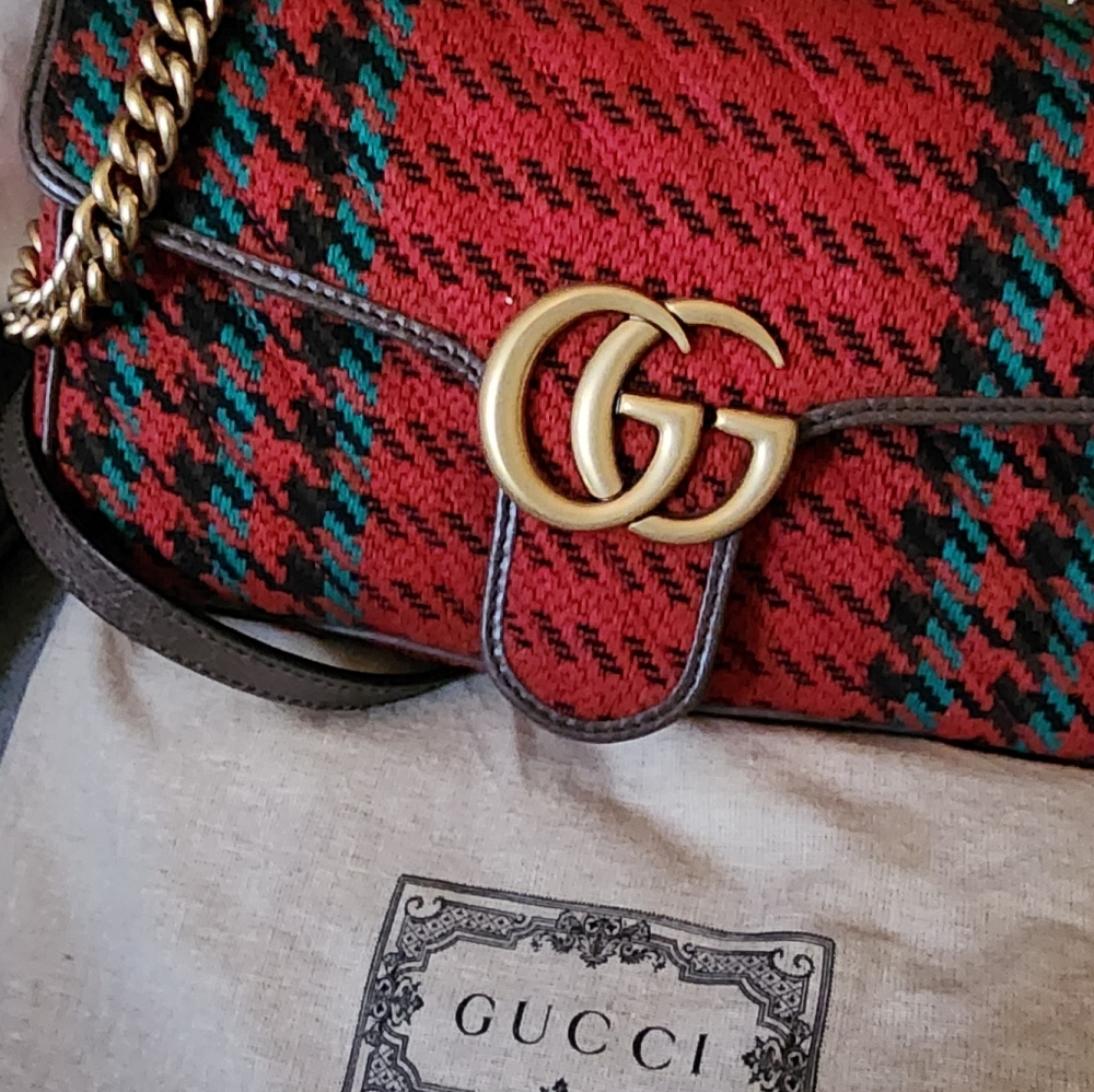 Authentic New Gucci Marmont Red Houndstooth Shoulder Bag/Dust Bag Approx10.5x6.5